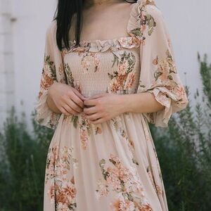 Aakaa Floral Long Sleeve Dress in Cream and Pink